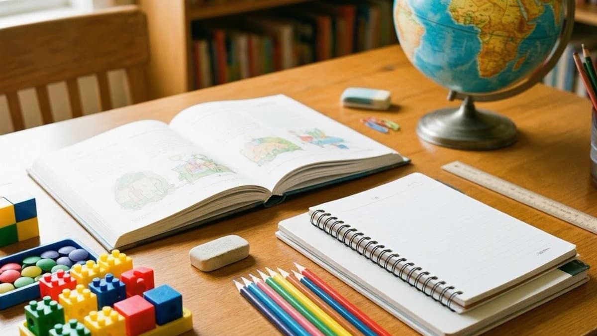 Third grader reading a chapter book at a desk with notebooks and colored pencils