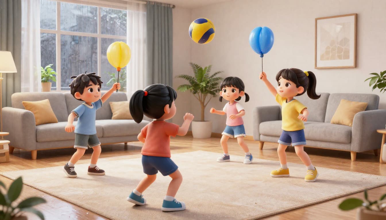 Kids playing active indoor games in a living room