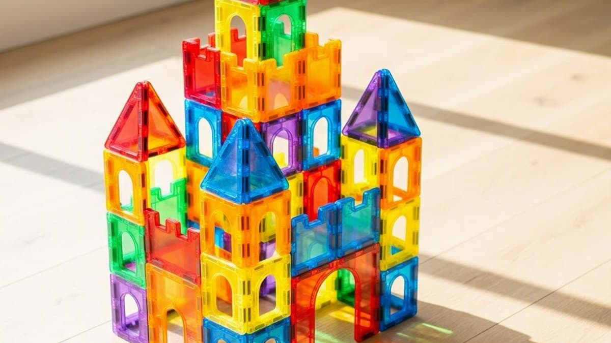 Colorful magnetic tiles arranged into a tall castle structure on a wooden floor