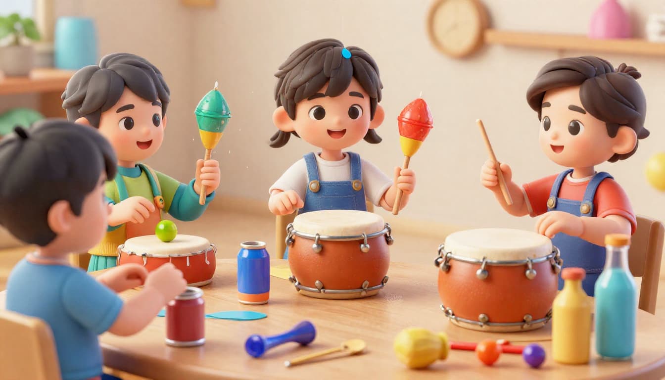 Homemade musical instruments made by kids from recycled materials