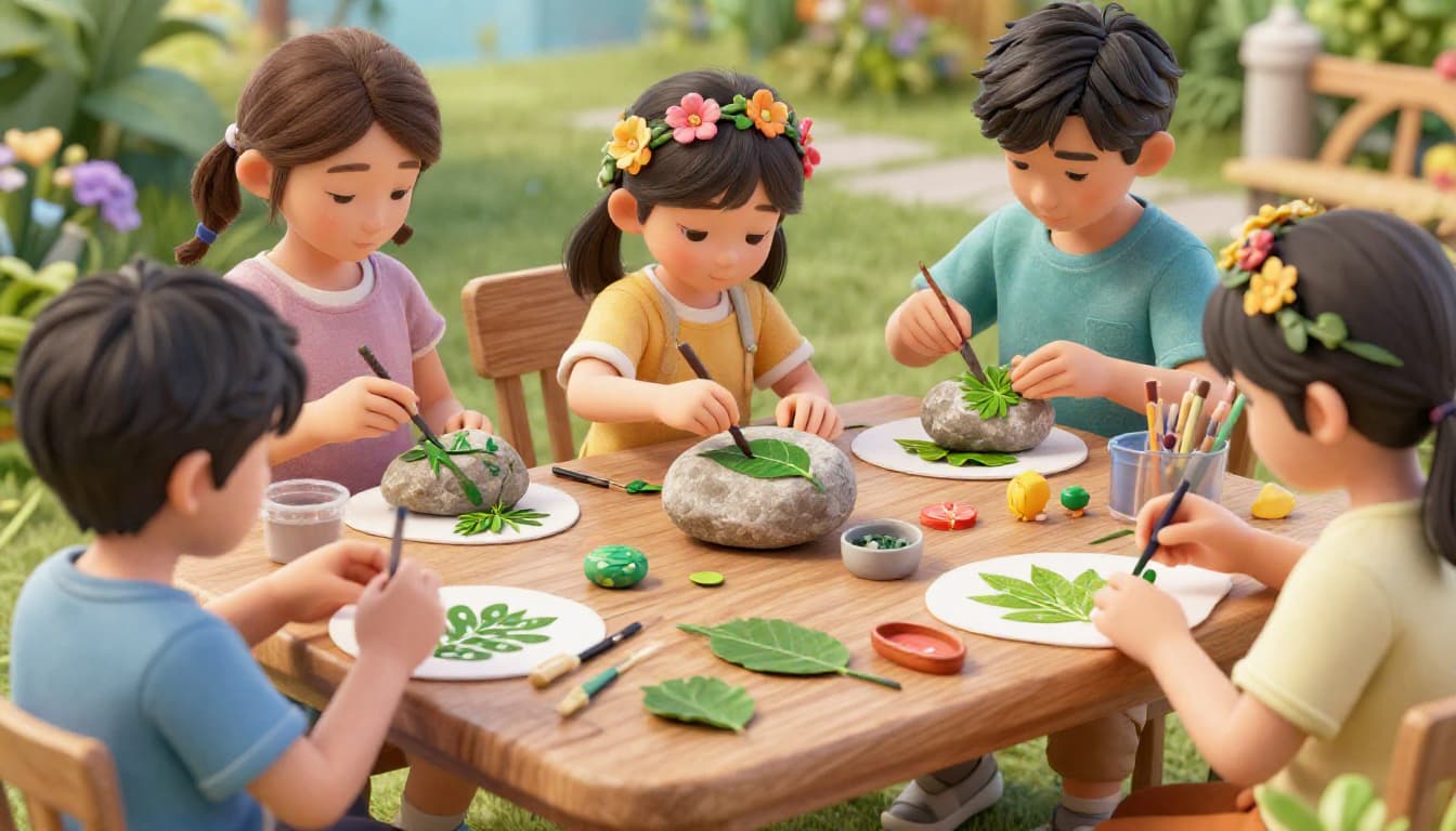 Children doing garden crafts and planting activities
