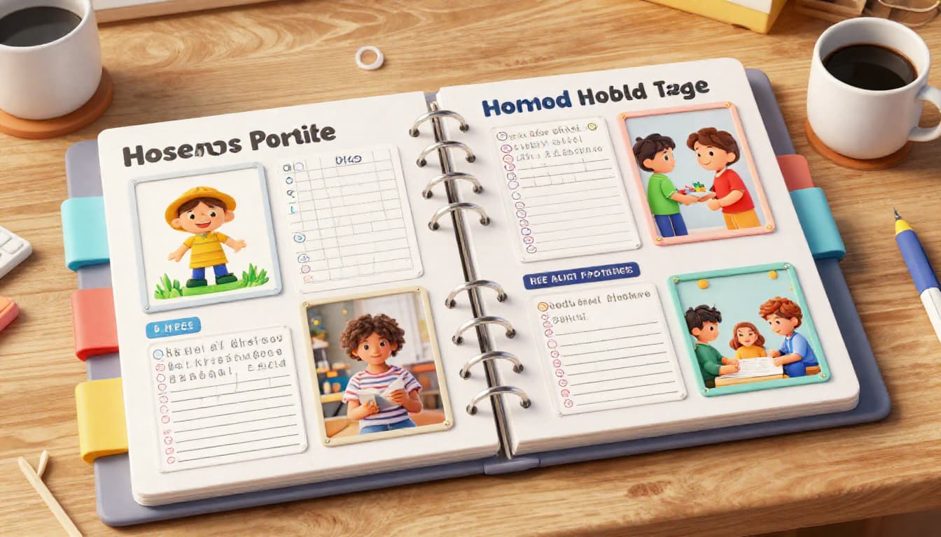 Organized homeschool portfolio binder with student work samples and photos on a desk