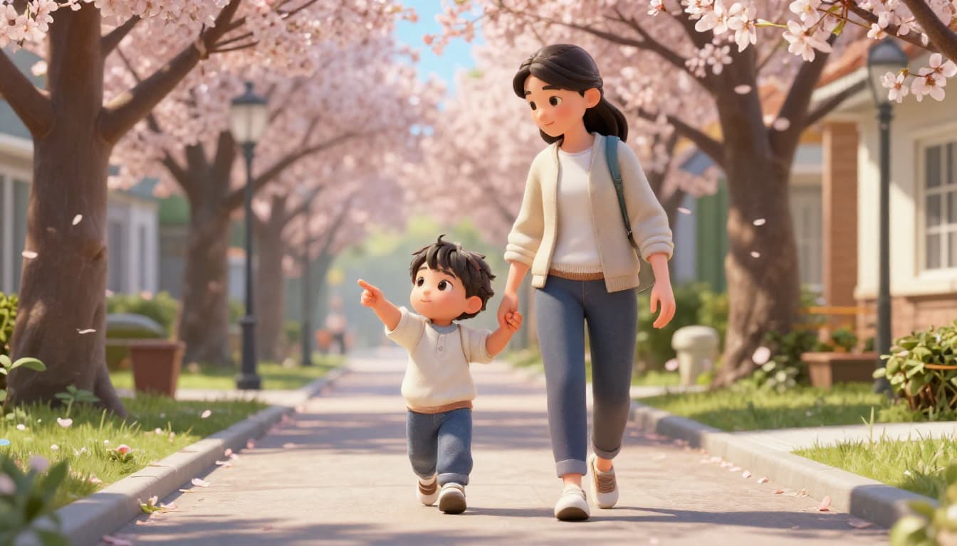 Parent and children walking through a neighborhood, child pointing excitedly at something