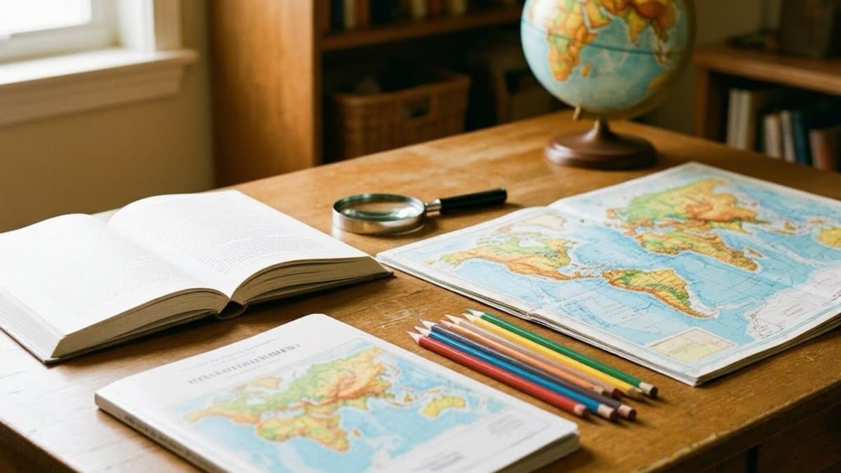Fourth grader working on a geography project at a desk with atlases and notebooks