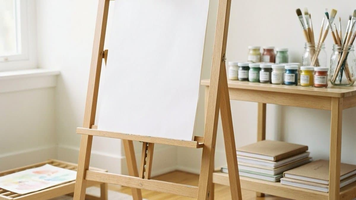 Child's art station with a wooden easel, organized supplies, and a finished painting drying nearby