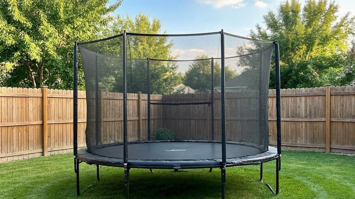 Children jumping on a backyard trampoline with safety net enclosure on a sunny day